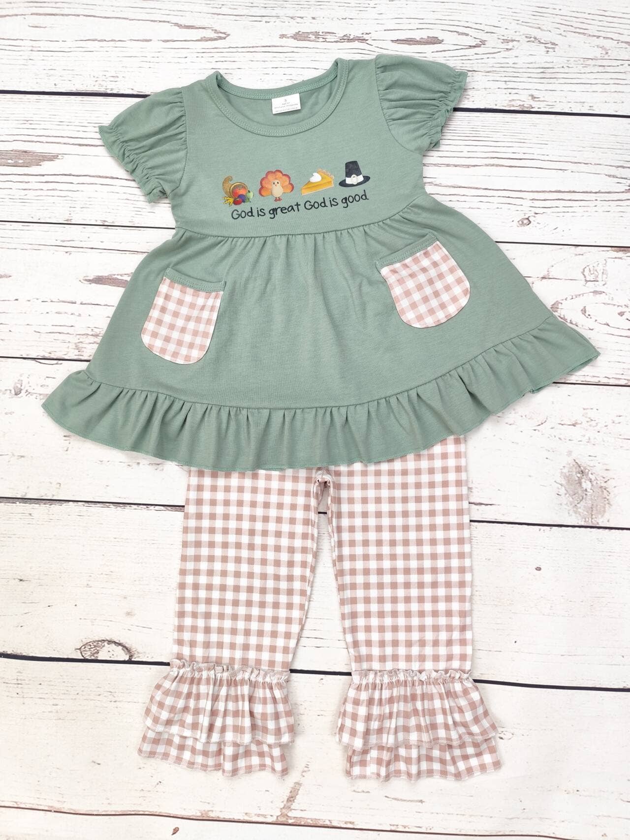 Girls Turkey Top With Checkered Pants Set